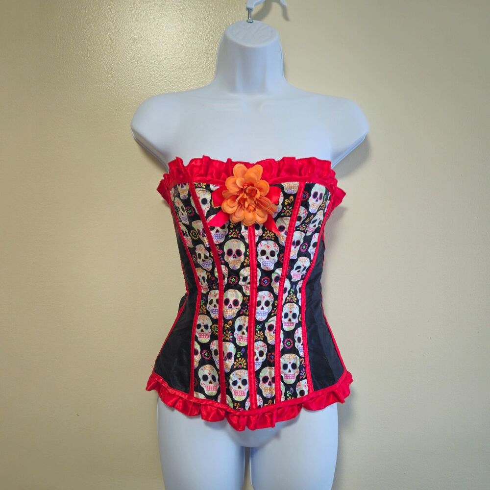 Day Of The Dead Corset Bustier Dia De Los Muertos Halloween Skull Women OneSize